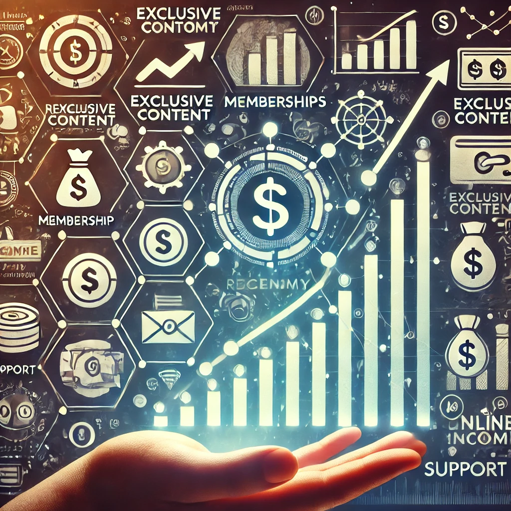 DALL·E 2024 11 01 12.45.06 A growing digital economy visual with icons and graphs showing revenue streams from a community including memberships exclusive content and support