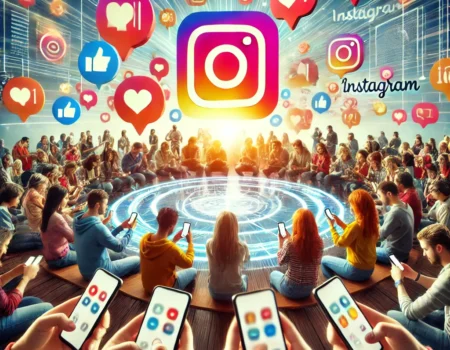 DALL·E 2024 11 01 13.30.46 A realistic image of a vibrant community centered around mobile devices representing an Instagram community. People are looking at their phones shar