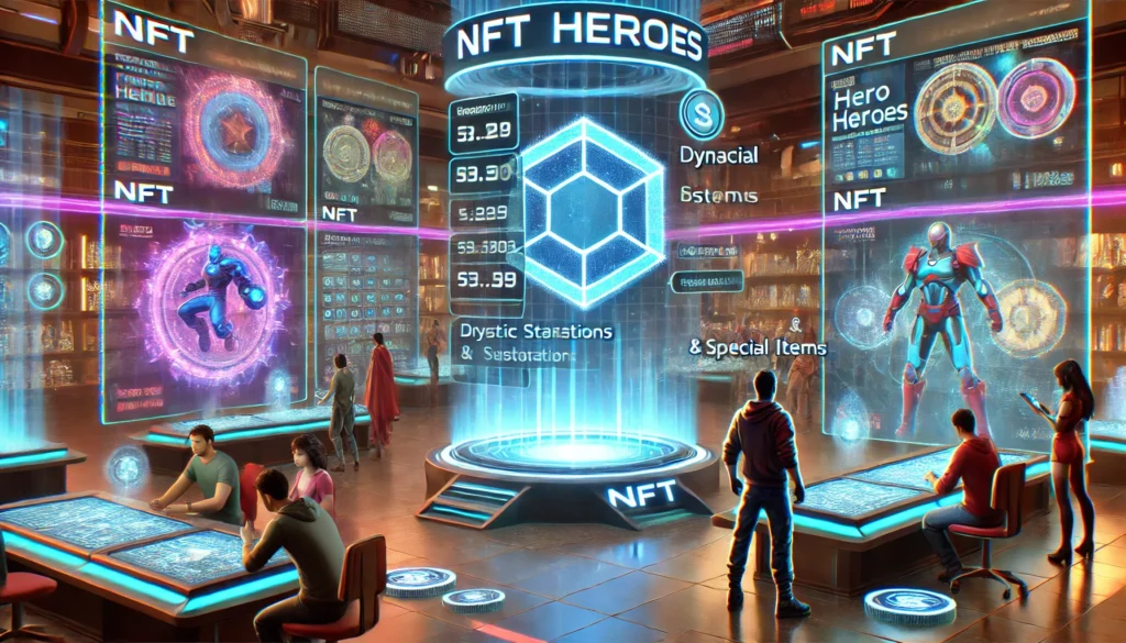 A futuristic digital marketplace where players trade NFT heroes and special items.