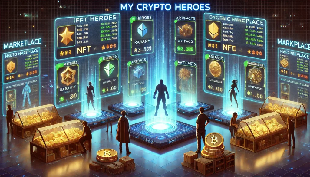 mercado virtual de My Crypto Heroes con multiples personajes pantallas holograficas y la economia en accion 2